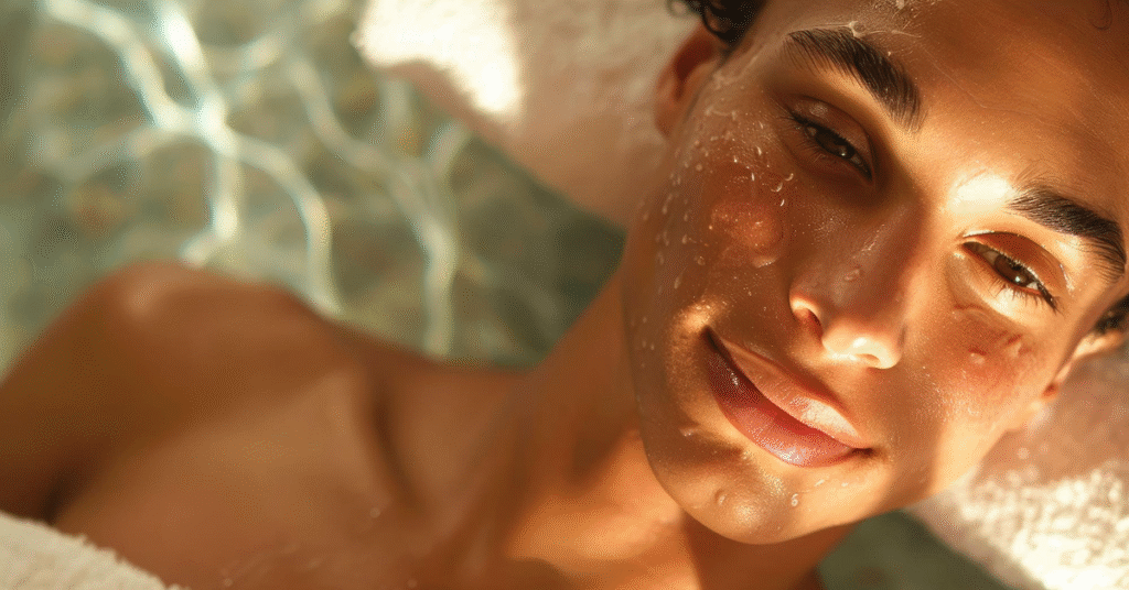 Rostro relajado de una persona tras tratamiento facial hidratante en verano